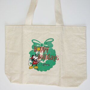 Mickey Mouse Happy Holidays glitter green wreath natural canvas large tote